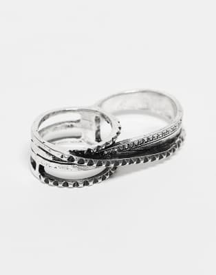 Reclaimed Vintage - Halloween - Doppelter Unisex-Ring in geschwärzter Silber-Optik mit Federdetail