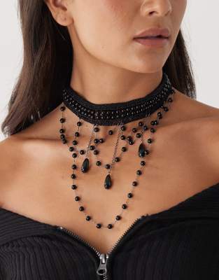 Reclaimed Vintage Halloween Droplet Beaded Lace Chocker In Black
