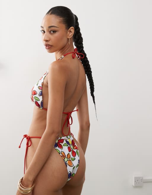 Reclaimed Vintage halter bikini top in handrawn bright floral print, 3 of 4