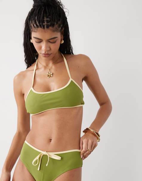 Reclaimed Vintage halter bralette bikini top with binding in olive green - view 1