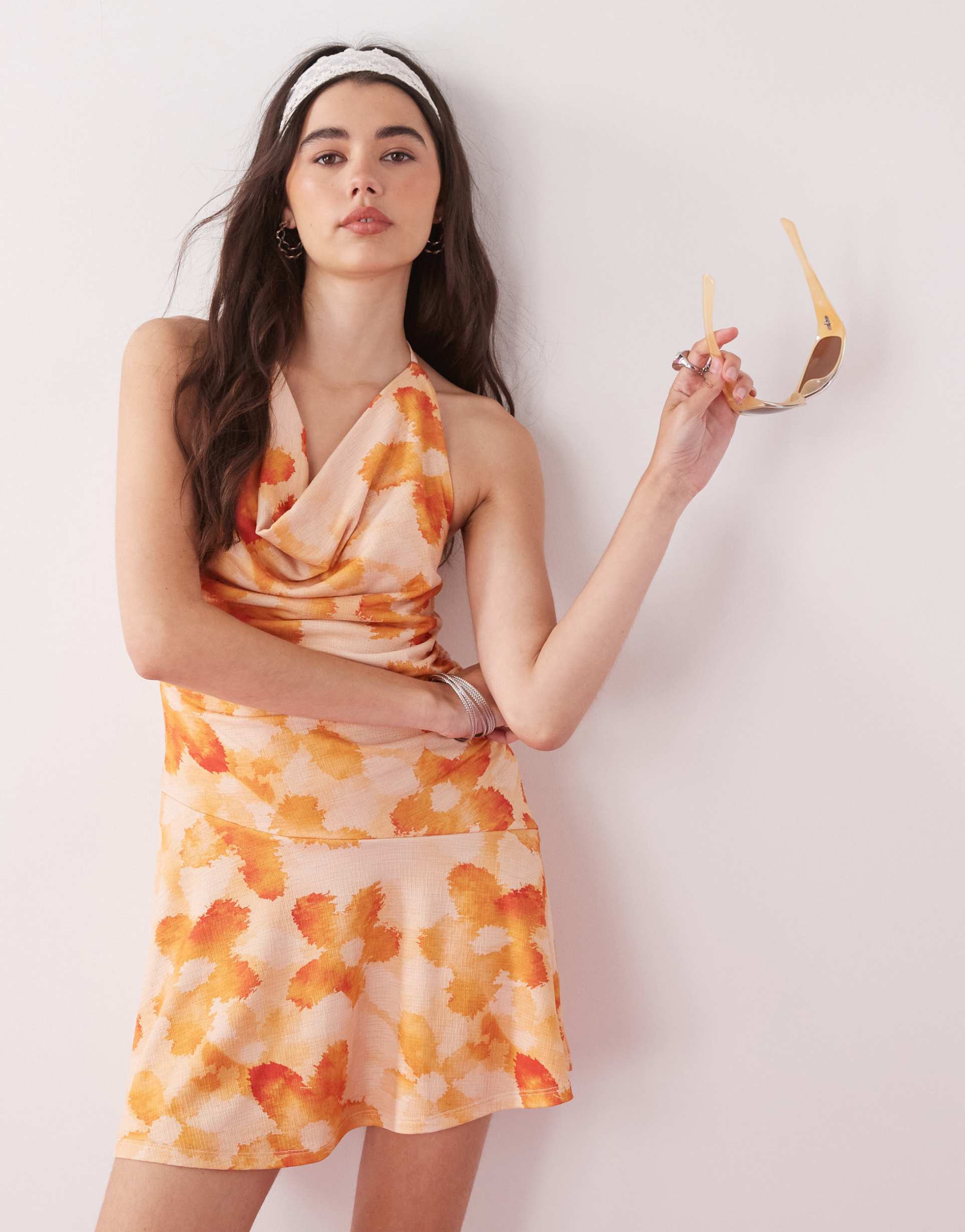 reclaimed vintage halter neck mini dress in tropical print