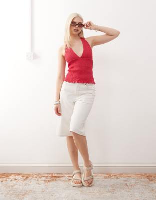 Reclaimed Vintage Halter Neck Plunge Detail Shirred Top