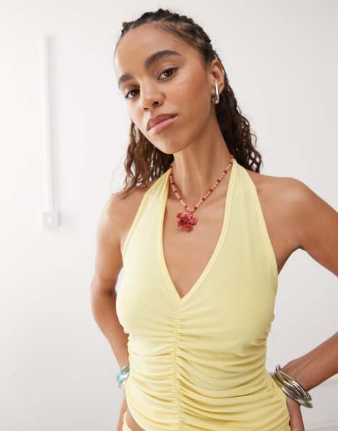 Reclaimed Vintage halter neck top with gathered seams co-ord in butter yellow - view 1
