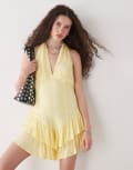 [Reclaimed Vintage] Reclaimed Vintage halter playsuit with ruffle shorts in yellow 16 yellow
