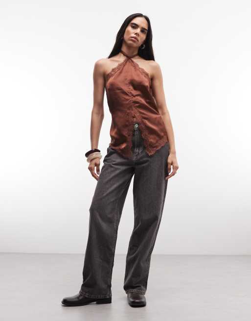Reclaimed Vintage halter scarf top with lace in brown, 2 of 4