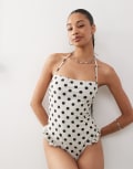 [Reclaimed Vintage] Reclaimed Vintage halter swimsuit with ruffle details in cream polka dot print-Multi 14 Cream polka dot