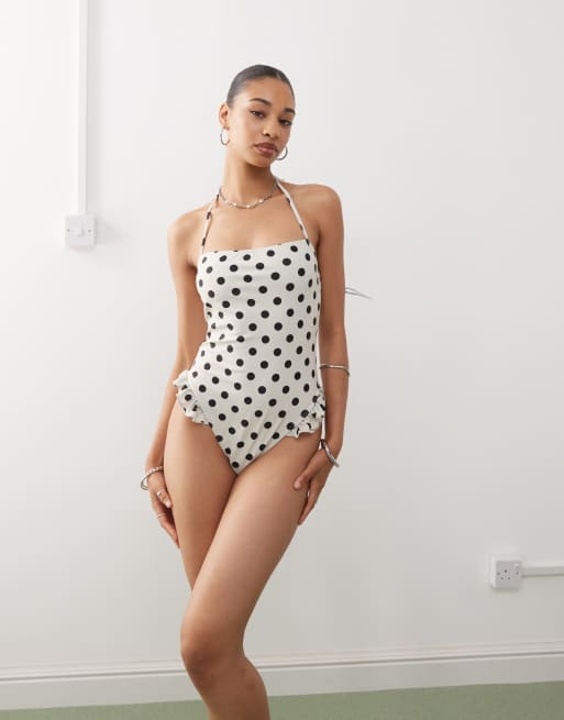 Reclaimed Vintage halter swimsuit with ruffle details in cream polka dot print
