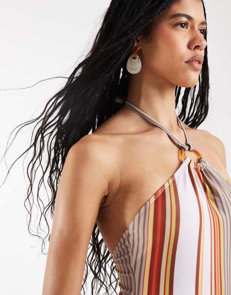 Reclaimed Vintage - Halterneck-badedragt med ringdetalje og pink og brune striber - view 1