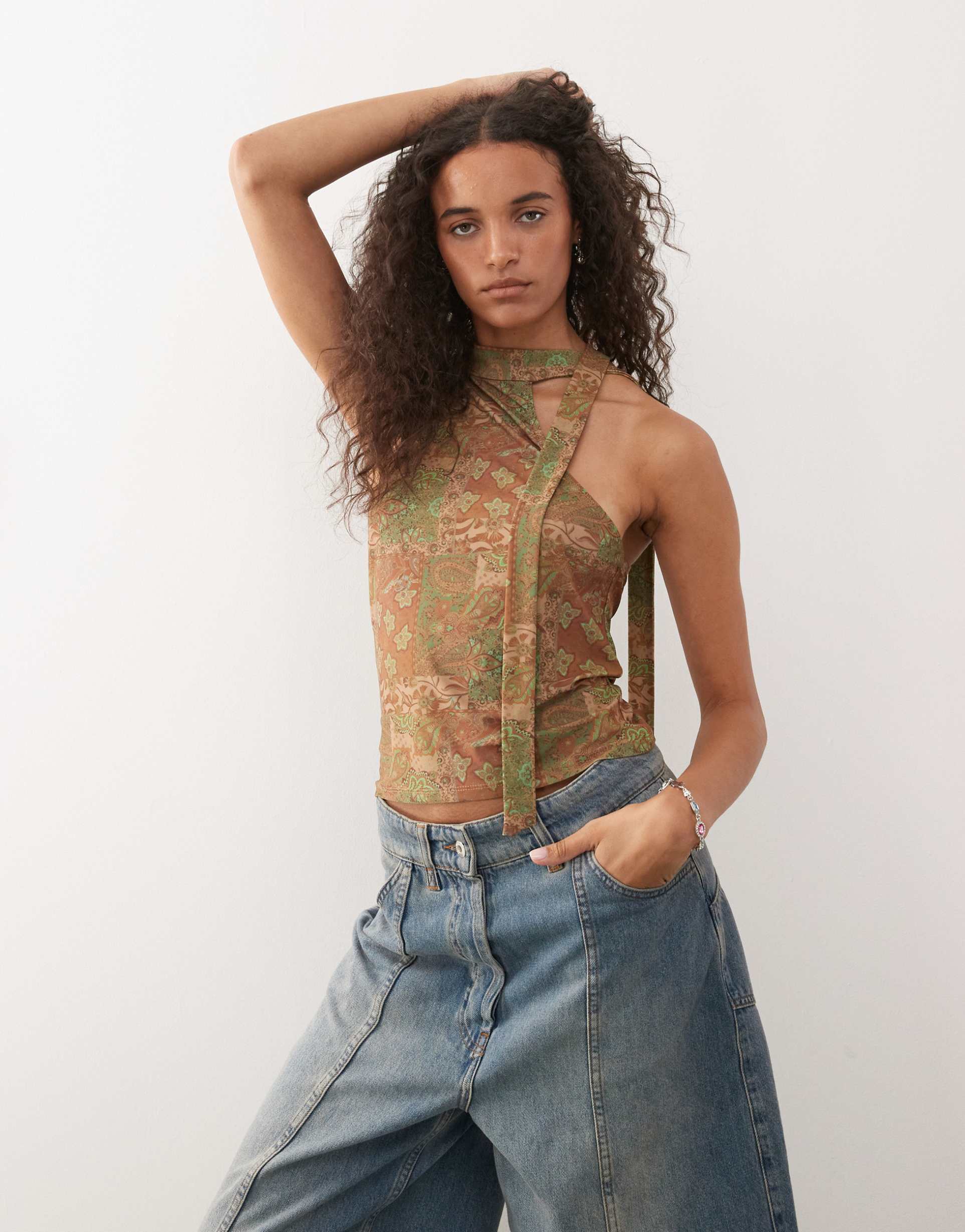 reclaimed vintage halterneck scarf top in boho tile print