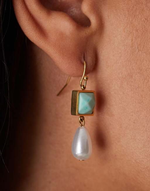 Reclaimed Vintage – Hängeohrringe aus Edelstahl mit blauem Stein und Perle, 2 von 3