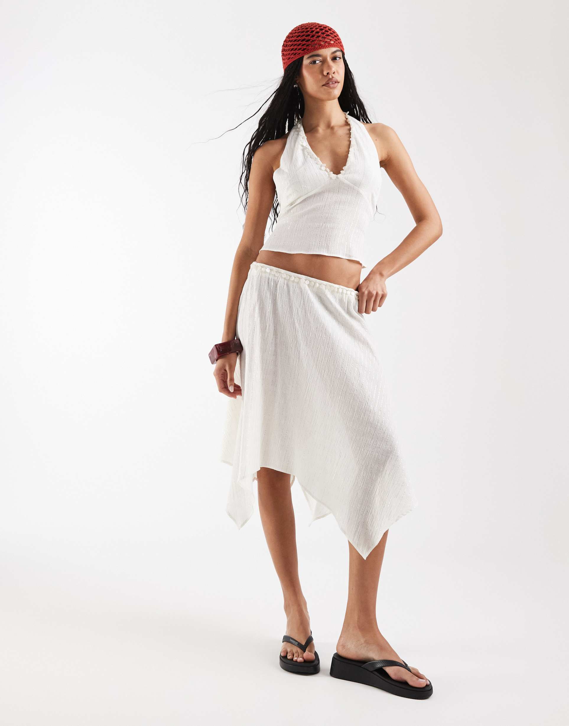 reclaimed vintage hanky hem skirt with pearl buttons in cream