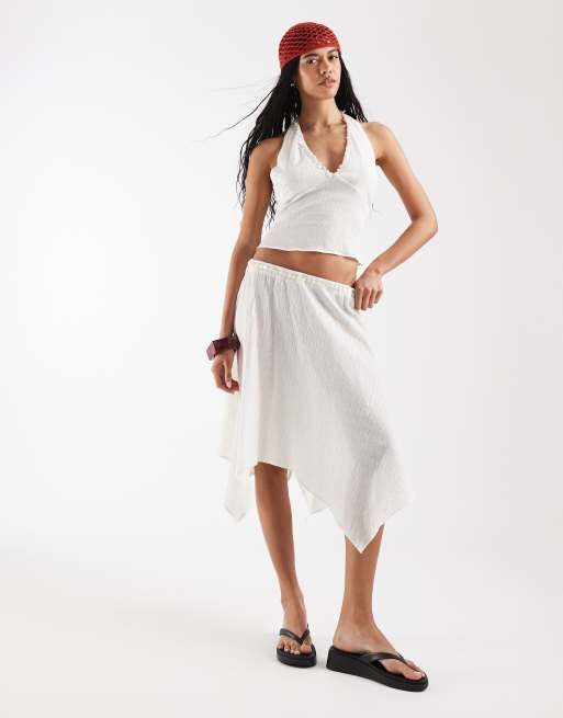 Reclaimed Vintage hanky hem skirt with pearl buttons in cream