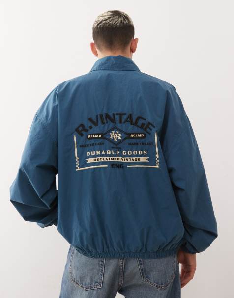 Reclaimed Vintage Harrington bomber jacket with back embroidery in ink blue - view 1