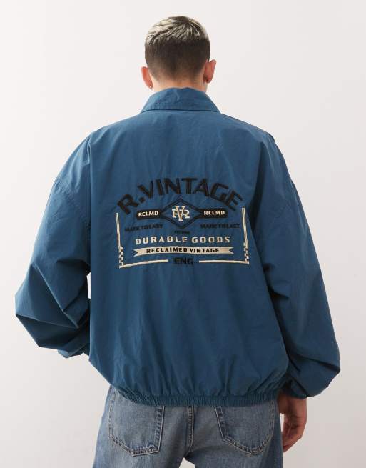 Reclaimed Vintage harrington coach jacket with back embroidery in ink blue 