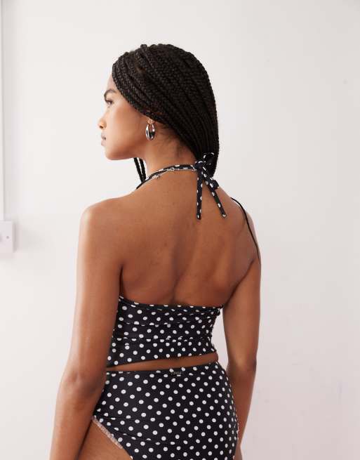 Reclaimed Vintage - Haut de bikini style tankini à pois et bordure volantée - Noir , 2 de 4