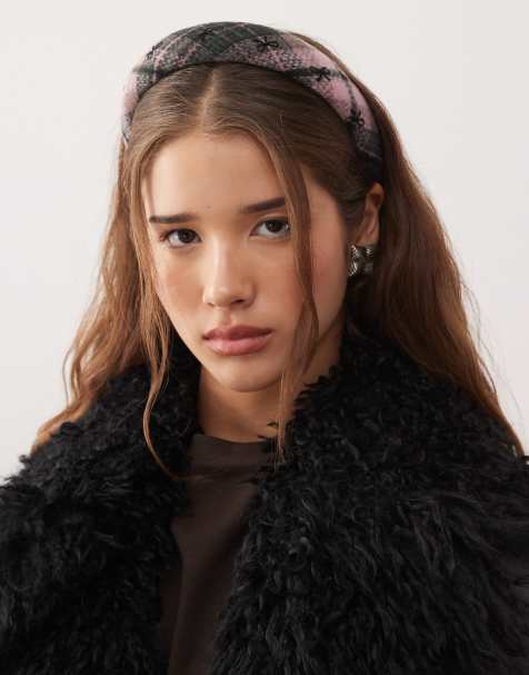 Reclaimed Vintage headband in tartan plaid with bow embroidery  - view 1