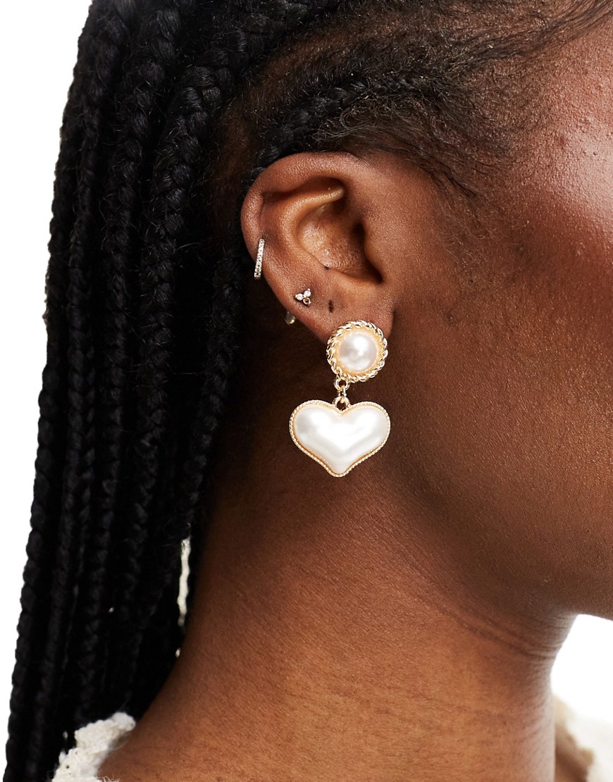 Reclaimed Vintage heart drop earrings in white and gold