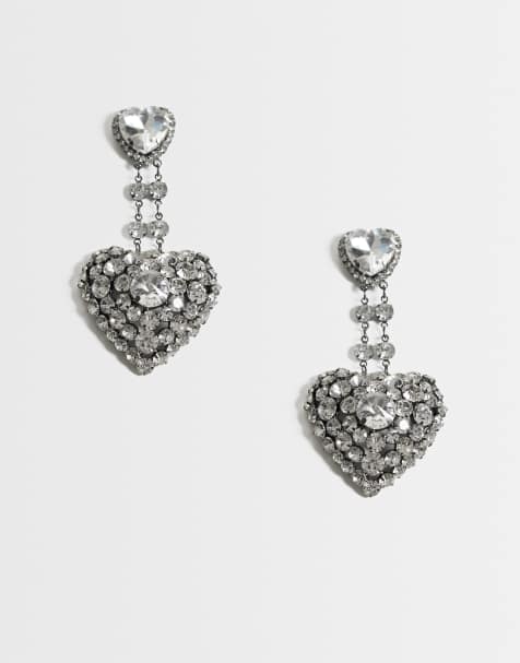 Reclaimed Vintage heart shaped crystal drop stud earrings in black plate - view 1