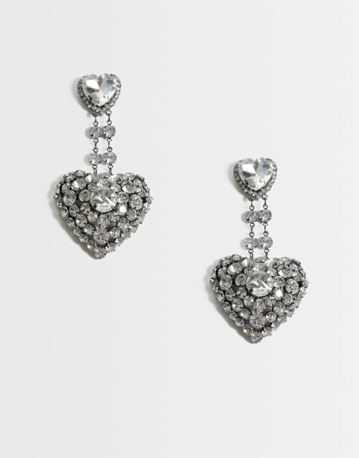 Reclaimed Vintage heart shaped crystal drop stud earrings in black plate, 1 of 4