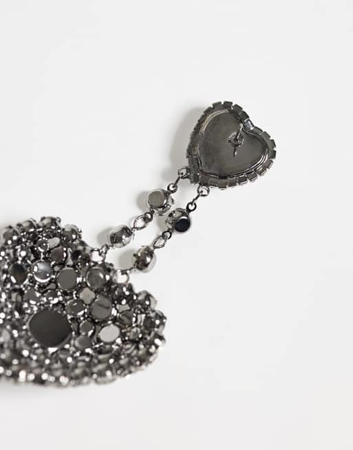 Reclaimed Vintage heart shaped crystal drop stud earrings in black plate, 3 of 4