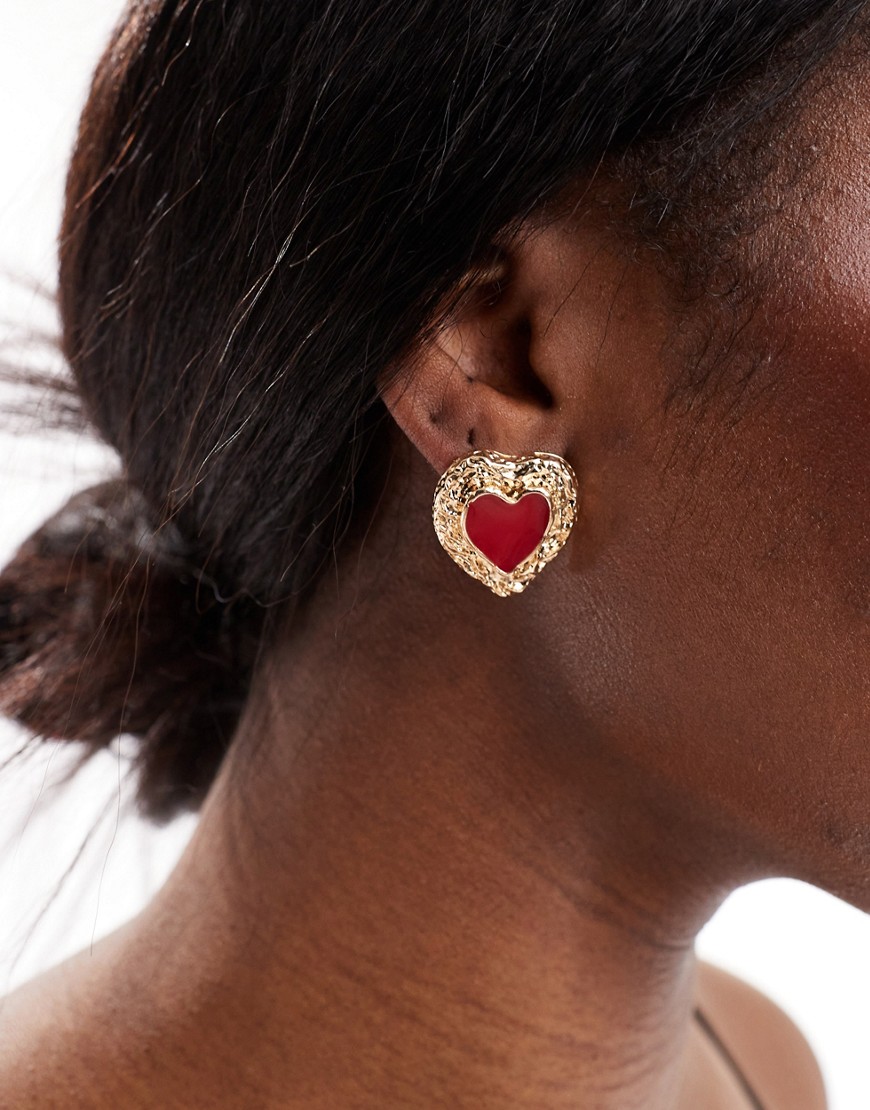 Reclaimed Vintage heart studs with red insert in gold
