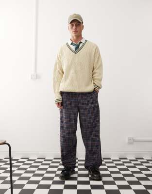 heavyweight baggy pants in brown plaid-Red