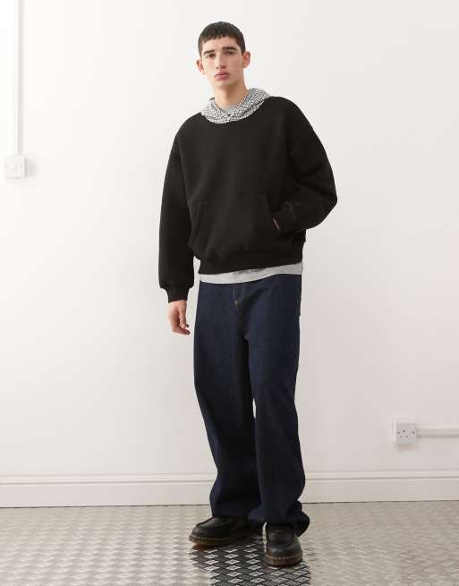 Reclaimed Vintage heavyweight hoodie with woven plaid hood and back graphic in black