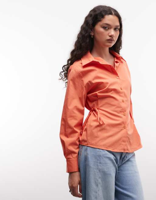 Reclaimed Vintage – Hemdbluse aus Popeline in Sunset-Orange mit Raffung und verstellbarem Taillen-Bindedetail, 1 von 4