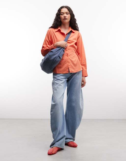 Reclaimed Vintage – Hemdbluse aus Popeline in Sunset-Orange mit Raffung und verstellbarem Taillen-Bindedetail, 2 von 4