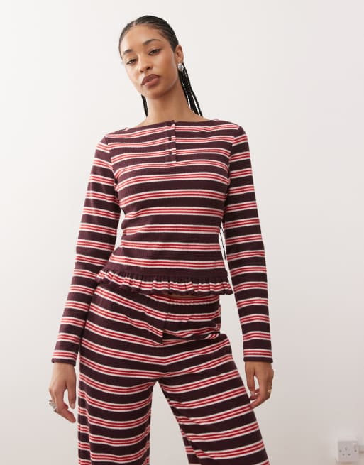 Reclaimed Vintage henley long sleeve top with frill hem in burgundy stripe (part of a set) 