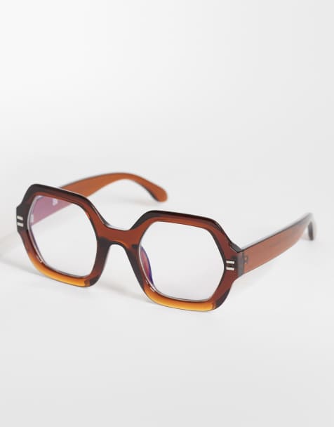 Reclaimed Vintage hexagonal blue light glasses in chocolate brown - view 1