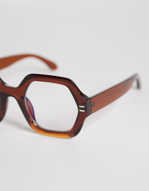 Reclaimed Vintage hexagonal blue light glasses in chocolate brown, 2 of 3