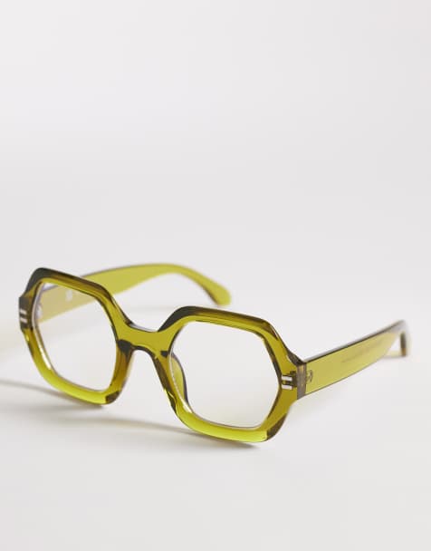 Reclaimed Vintage hexagonal blue light glasses in green - view 1
