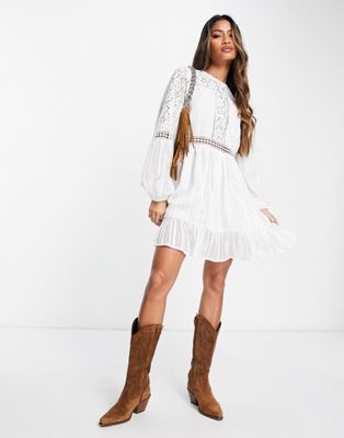 Reclaimed Vintage High Neck Lace Mini Tea Dress In White