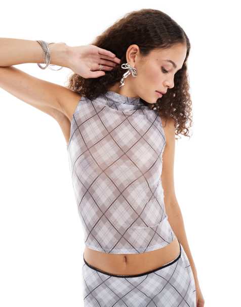 Reclaimed Vintage high neck mesh top in check print co ord - view 1