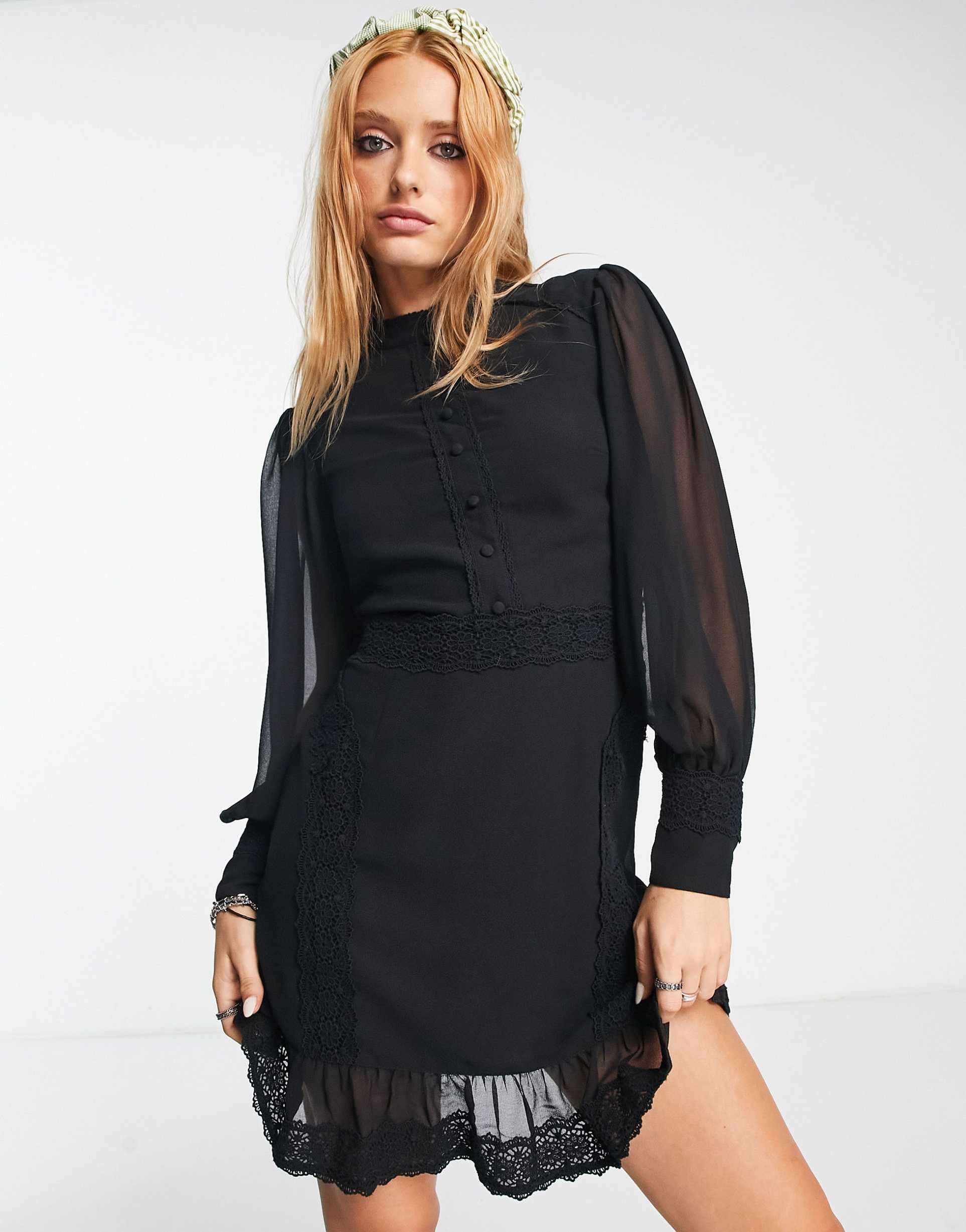 Reclaimed Vintage high neck mini dress in black view 2