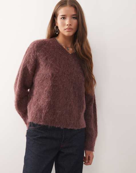 Reclaimed Vintage high v-neck fluffy knitted jumper in plum - view 1