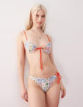 [Reclaimed Vintage] Reclaimed Vintage hipster bikini bottom with double tie side in holiday postcard print-Multi 6 multi