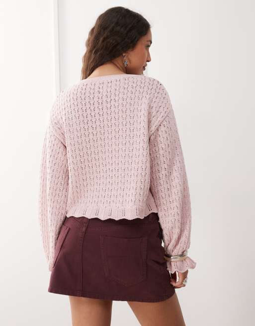 Reclaimed Vintage - Hæklet og lyserød cardigan med bindefront og muslingekanter, 2 af 4