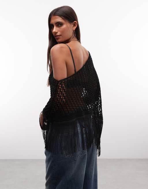 Reclaimed Vintage hæklet poncho med kvastdetalje i sort, 4 af 4