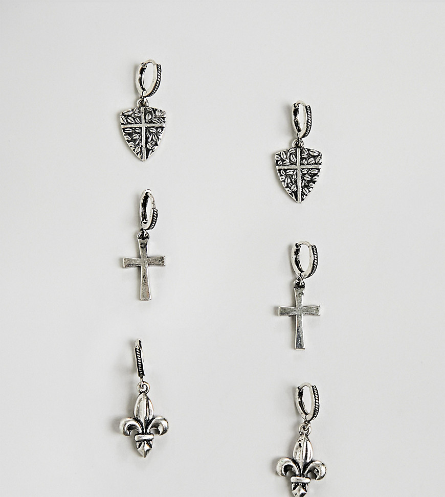 Reclaimed Vintage — Hængeøreringe i poleret sølv med skjold og kors