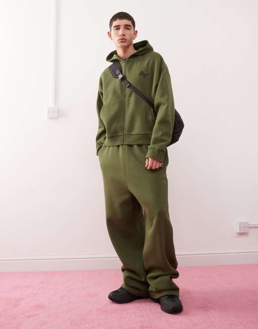 Reclaimed Vintage - Hoodie met rits en geborduurd logo in kaki, deel van co-ord set
