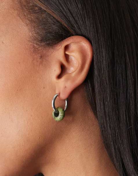 Reclaimed Vintage hoop earring with semi precious stone in silver - view 1