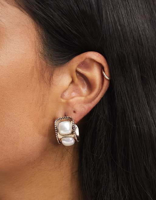 Reclaimed Vintage hoop earrings with faux pearl insert in gold
