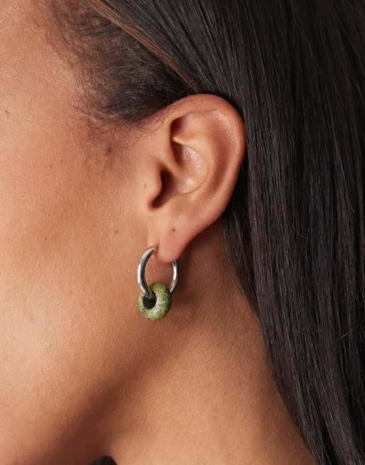 Reclaimed Vintage hoop earrings with semi-precious stone in silver