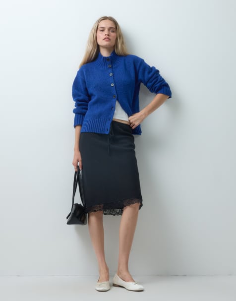 Reclaimed Vintage hørtekstureret midi-nederdel med asymmetrisk længde og blondedetalje i sort - view 1