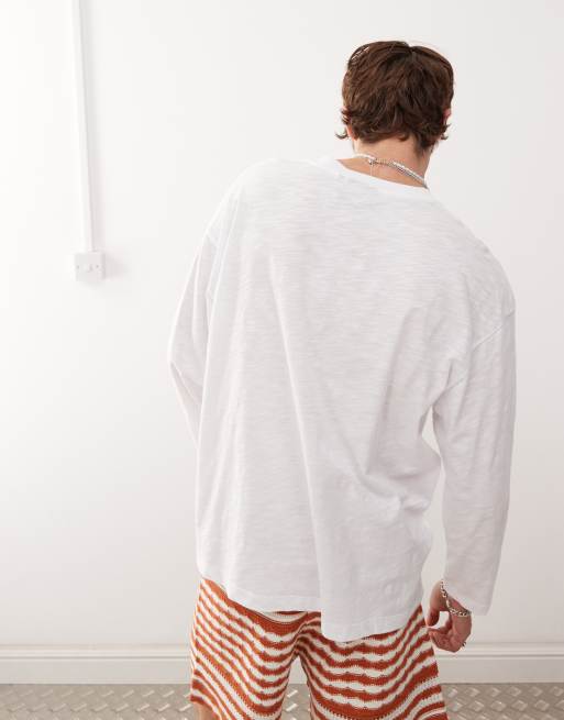 Reclaimed Vintage - Hvid henley-T-shirt med lange ærmer i løstsiddende jersey, 4 af 4