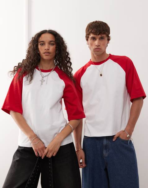 Reclaimed Vintage - Hvid og rød smal cropped unisex-T-shirt med raglandetalje i firkantet pasform - view 1