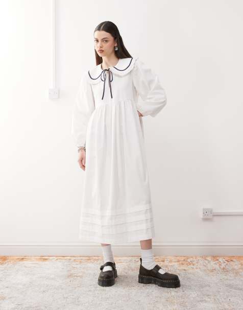 Reclaimed Vintage - Hvid smock-midikjole med flæsekrave i poplin - view 1