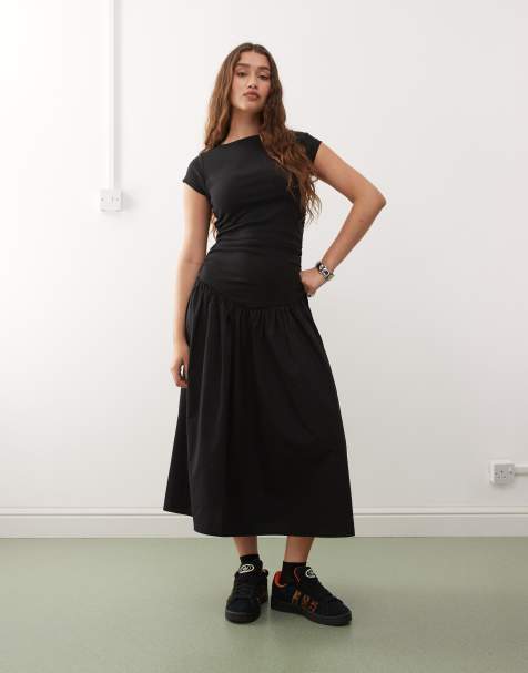 Reclaimed Vintage hybrid midi dress with ruching detail in black - view 1